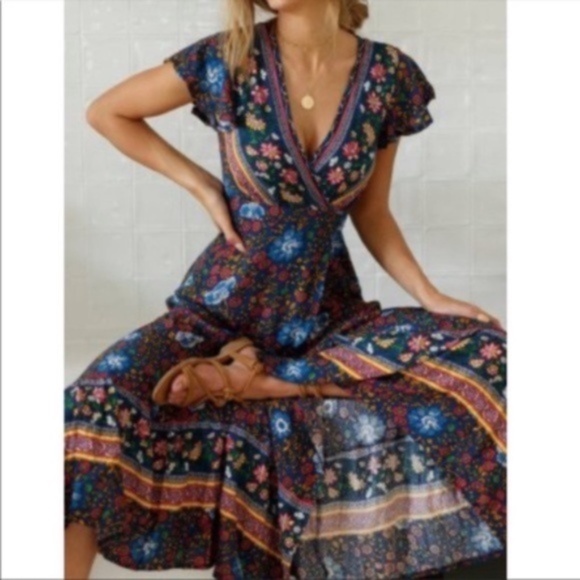 Bohemian Floral Tribal Print Maxi Long Wrap Dress - Picture 5 of 8